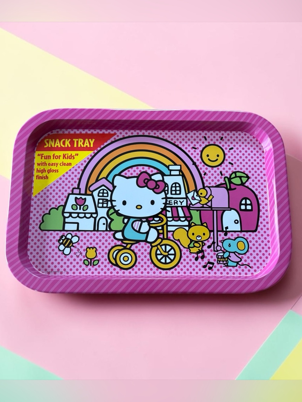 Hello Kitty Sanrio Pink Metal Snack Tray Rainbow Kawaii 13.5”
